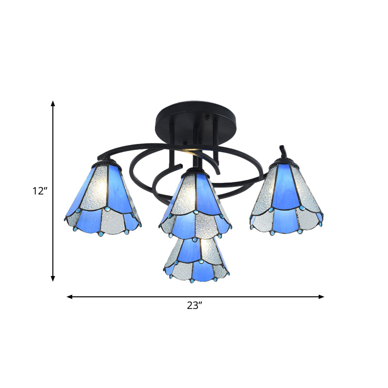Mediterranean Black Bedroom Ceiling Lamp With Cone/Dome White/Beige/Blue Glass Shade - 4 Lights