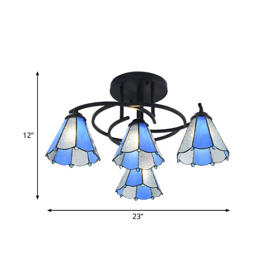 Mediterranean Black Bedroom Ceiling Lamp With Cone/Dome White/Beige/Blue Glass Shade - 4 Lights