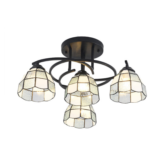 Mediterranean Black Bedroom Ceiling Lamp With Cone/Dome White/Beige/Blue Glass Shade - 4 Lights