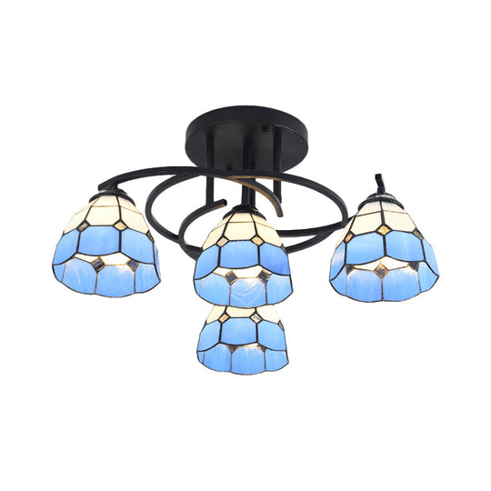 Mediterranean Black Bedroom Ceiling Lamp With Cone/Dome White/Beige/Blue Glass Shade - 4 Lights