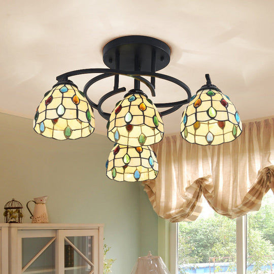 Mediterranean Black Bedroom Ceiling Lamp With Cone/Dome White/Beige/Blue Glass Shade - 4 Lights