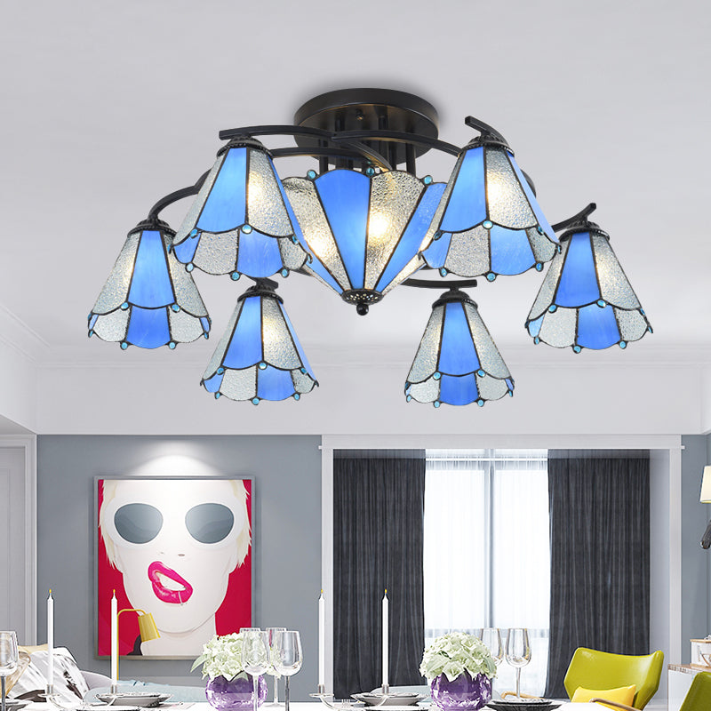 Blue And White Glass Semi - Flush Conical Ceiling Light With 9/11 Lights - Black Lighting Fixture