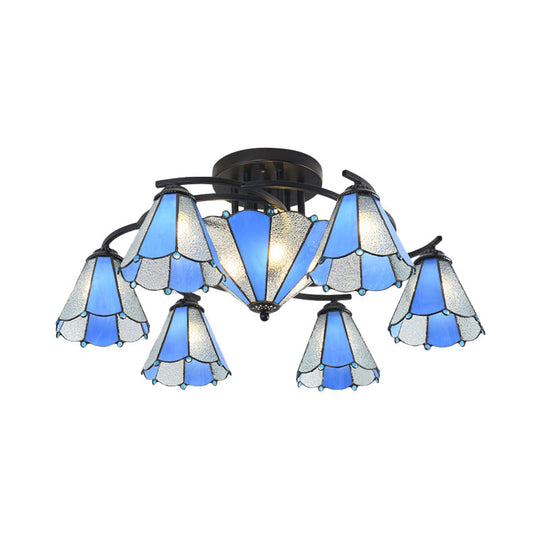 Blue And White Glass Semi - Flush Conical Ceiling Light With 9/11 Lights - Black Lighting Fixture