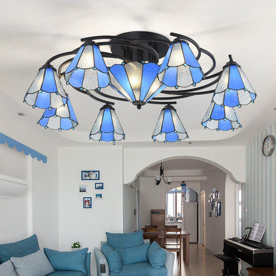 Blue And White Glass Semi - Flush Conical Ceiling Light With 9/11 Lights - Black Lighting Fixture