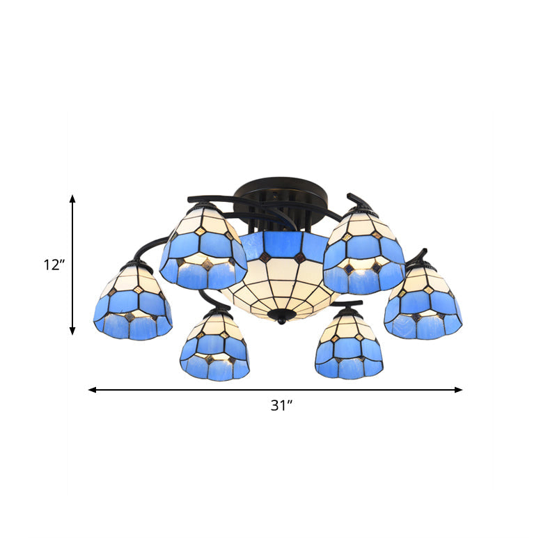 Blue And White Glass Semi - Flush Conical Ceiling Light With 9/11 Lights - Black Lighting Fixture