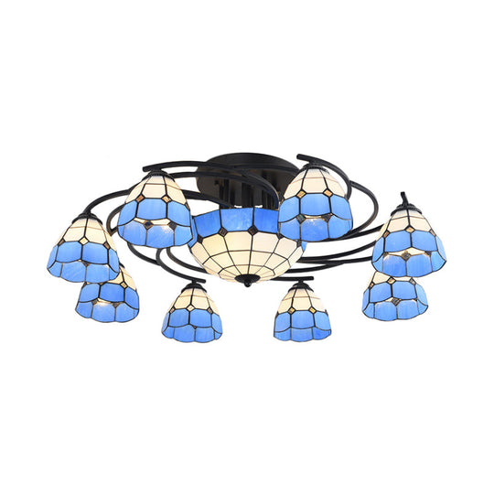 Blue And White Glass Semi - Flush Conical Ceiling Light With 9/11 Lights - Black Lighting Fixture