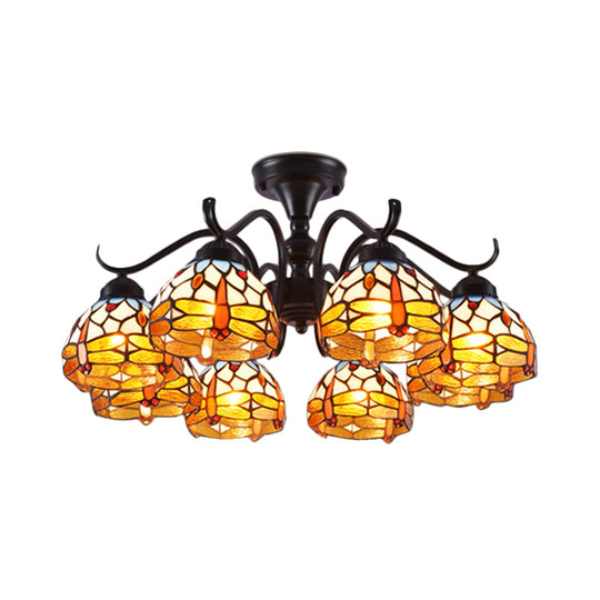 13’/19.5’ Dragonfly Semi-Flush Mount Ceiling Light Fixture With Cut Glass Mediterranean Design