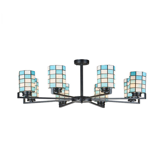 Black/White Stained Glass Semi Mount Cylinder Ceiling Light - 3/6/8 Lights Baroque Style