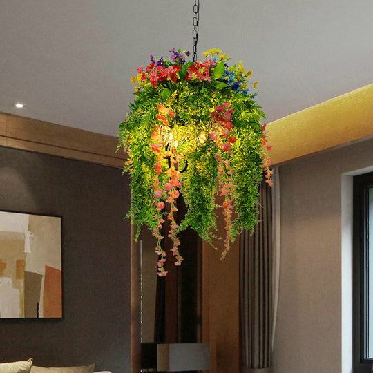 Vintage Metal Plant Pendant Chandelier With Led Lights For Restaurant Ceiling - 3 Bulbs Green