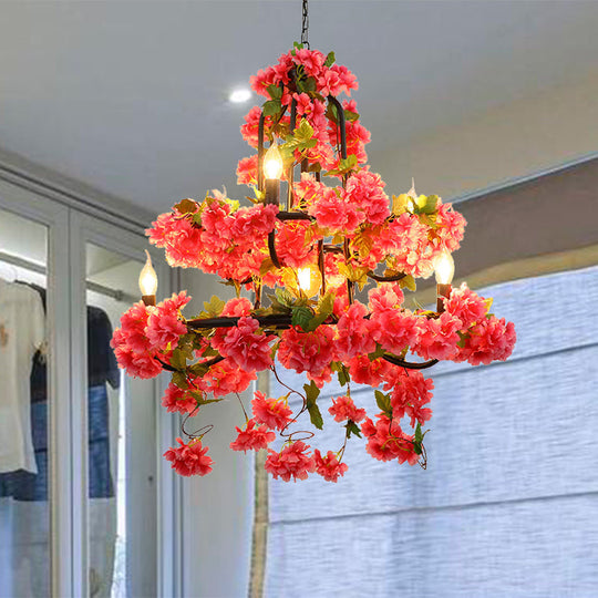 Vintage Metal Chandelier Lighting - Cherry Blossom Restaurant | 7 Lights Rose Red Led Suspension