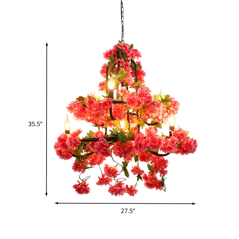 Vintage Metal Chandelier Lighting - Cherry Blossom Restaurant | 7 Lights Rose Red Led Suspension