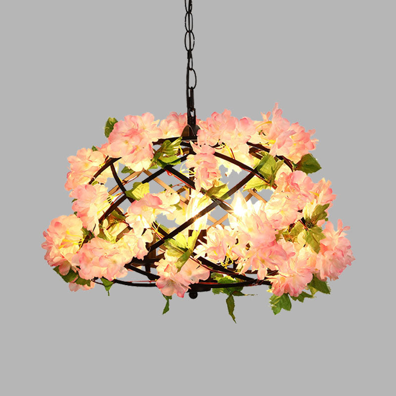 Industrial Metal Led Chandelier Light With 3 Bulbs In Pink Cherry Blossom Design