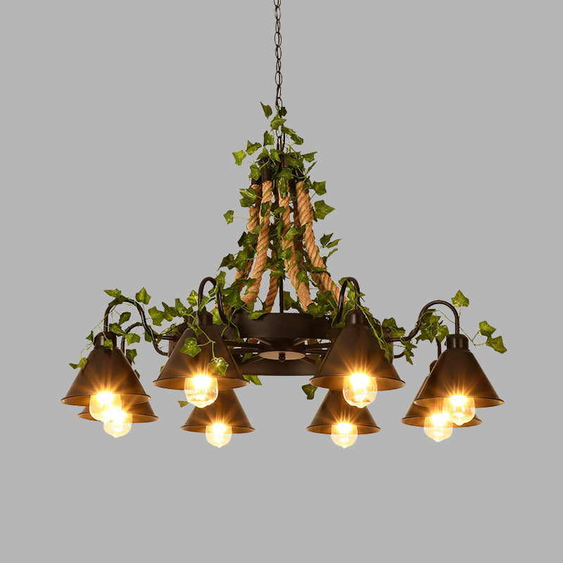 Industrial Cone Ceiling Chandelier - Hemp Rope Led Hanging Light Fixture 8 Bulbs Black With Plant