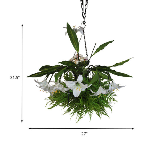 Metal Pendant Chandelier With 12 Green Lily Heads - Industrial Style Led Down Lighting For