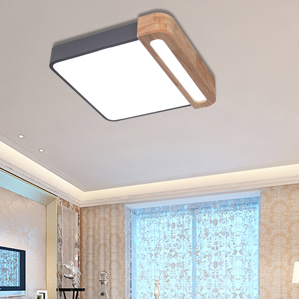 Nordic Square Acrylic Flush Light 12/16 Led Surface Ceiling Lamp In Grey/White/Red With Wood Guard -