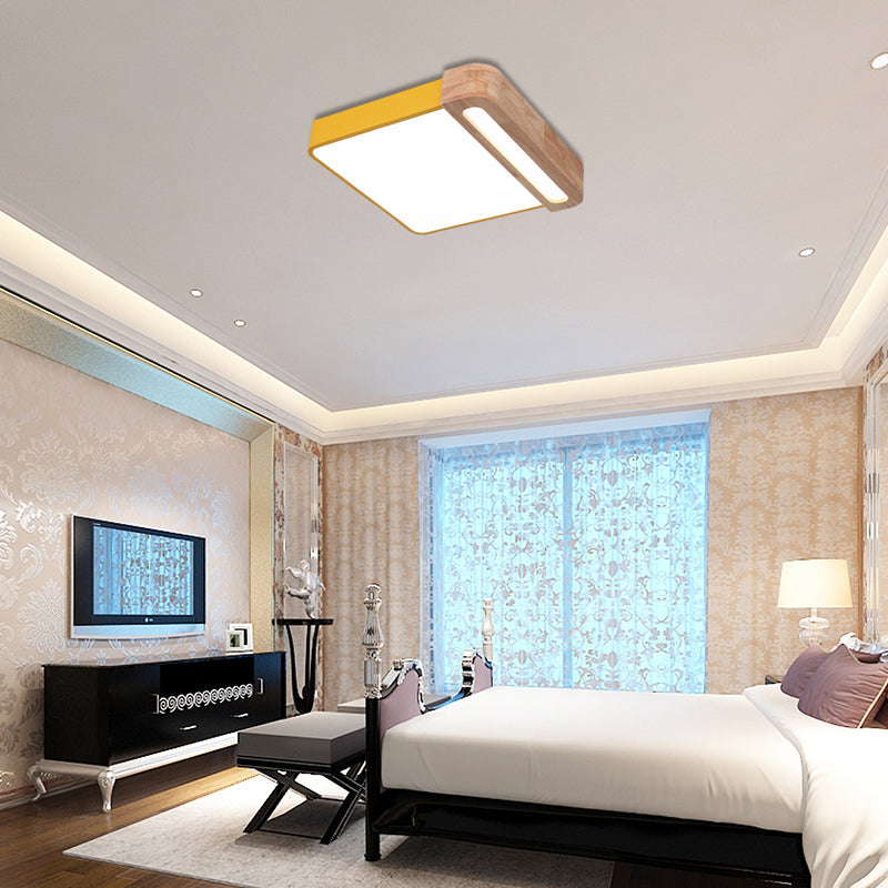 Nordic Square Acrylic Flush Light 12/16 Led Surface Ceiling Lamp In Grey/White/Red With Wood Guard -