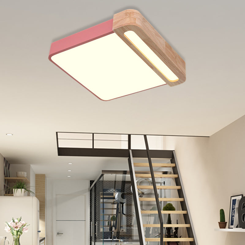 Nordic Square Acrylic Flush Light 12/16 Led Surface Ceiling Lamp In Grey/White/Red With Wood Guard -