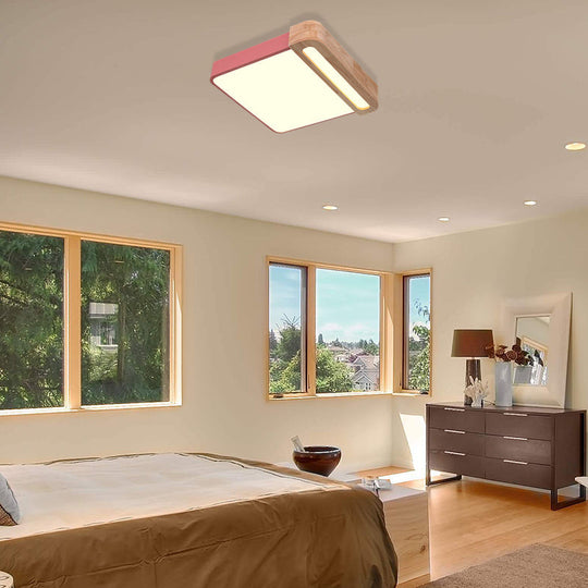 Nordic Square Acrylic Flush Light 12’/16’ Led Surface Ceiling Lamp In Grey/White/Red With Wood