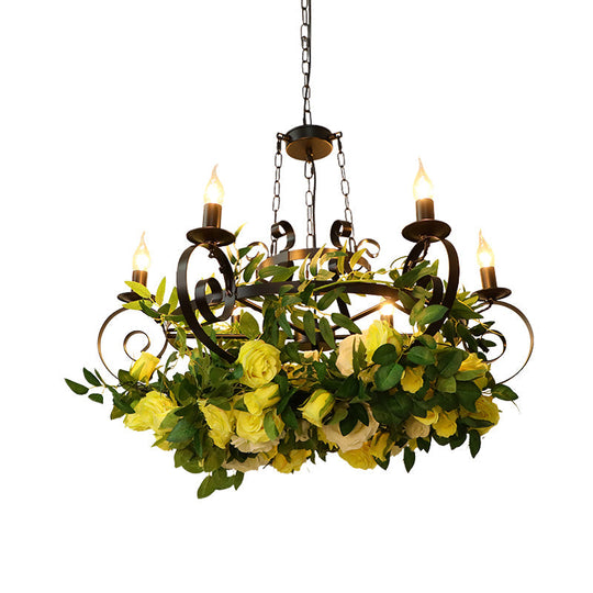 6-Bulb Industrial Black Metal Candle Pendant Chandelier With Led Suspension Lighting And Rose