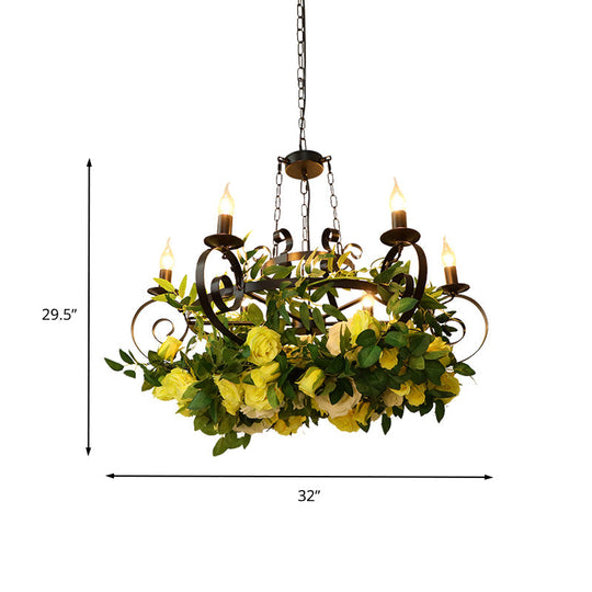 6-Bulb Industrial Black Metal Candle Pendant Chandelier With Led Suspension Lighting And Rose