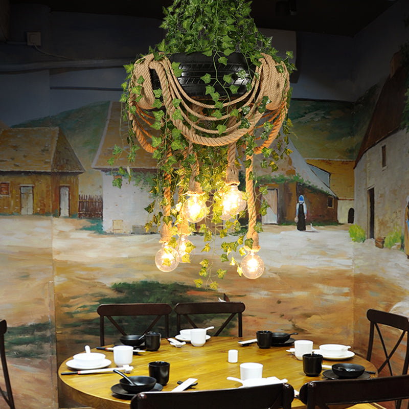 Vintage Black Bulb Chandelier With Hemp Rope And 6 Lights For Restaurant Or Plant Drop