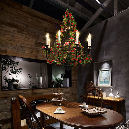 Industrial Metal Chandelier With 8 Led Lights For Restaurant - Black Finish Flower Decor