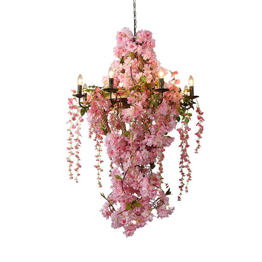 Industrial Metal Chandelier With Pink Led Flower Design - Candlestick Restaurant Light 6/8 Bulbs