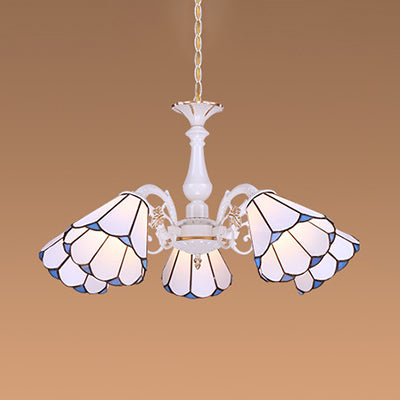 Tiffany Cone Pendant Chandelier Lamp - Adjustable Chain White 3/5/6/8 Lights Living Room Lighting