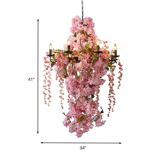 Industrial Metal Chandelier With Pink Led Flower Design - Candlestick Restaurant Light 6/8 Bulbs