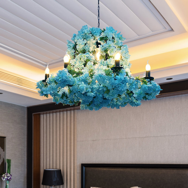Blue Metal Led Suspension Candle Chandelier Light Fixture With Cherry Blossom - 6/8 Bulbs