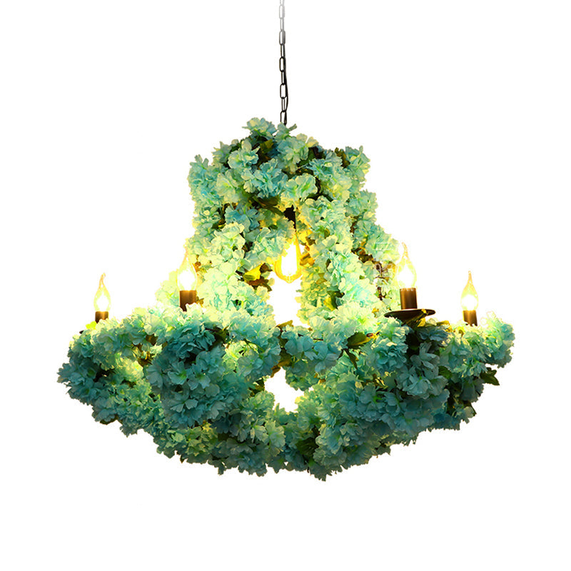 Industrial Blue Metal Led Candle Pendant Chandelier With Cherry Blossom Decoration - 6 Bulb
