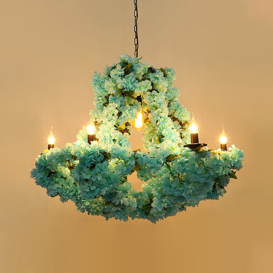 Industrial Blue Metal Led Candle Pendant Chandelier With Cherry Blossom Decoration - 6 Bulb