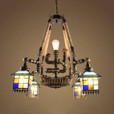 Rustic Lodge Pipe Chandelier With Multi-Light Stained Glass Suspension And Star/House Design