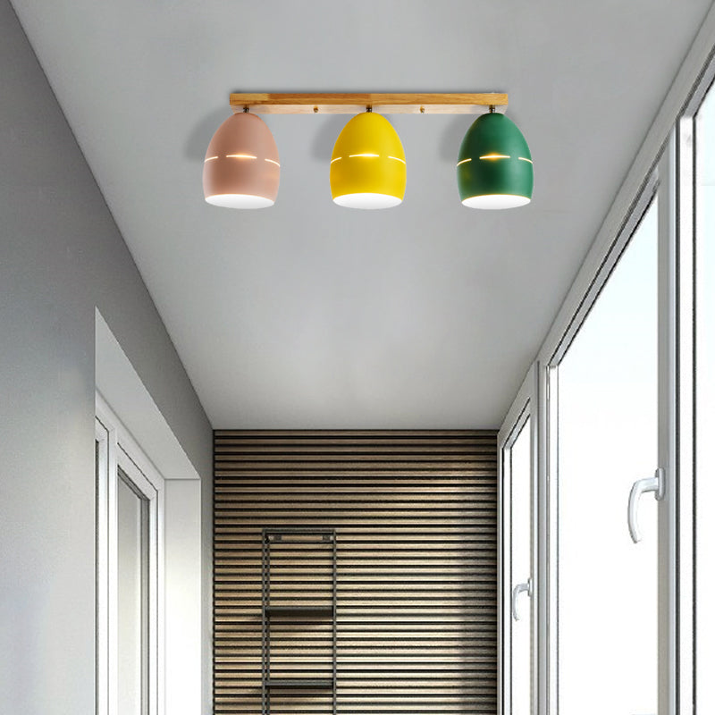 Nordic Wood Finish Linear Semi-Flushmount Light: 3 Lights And Oval Metal Shade Green-Yellow-Pink