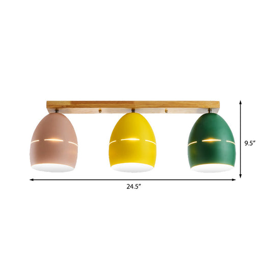 Nordic Wood Finish Linear Semi - Flushmount Light: 3 Lights And Oval Metal Shade