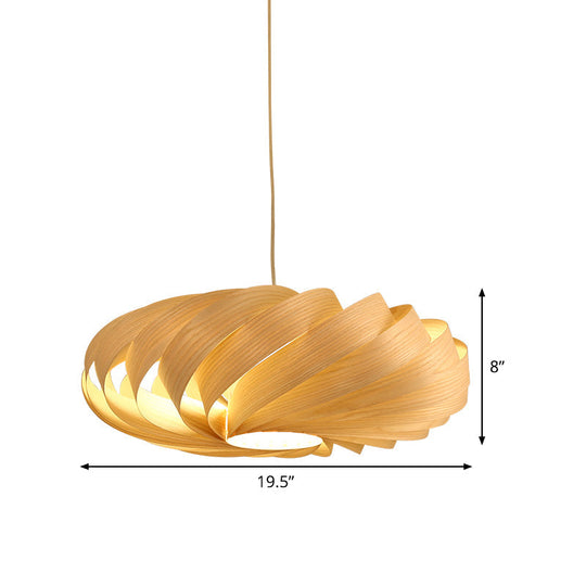 Japanese Swirl Wood Pendant Lighting - 1 Head Beige Ceiling Suspension Lamp For Restaurants
