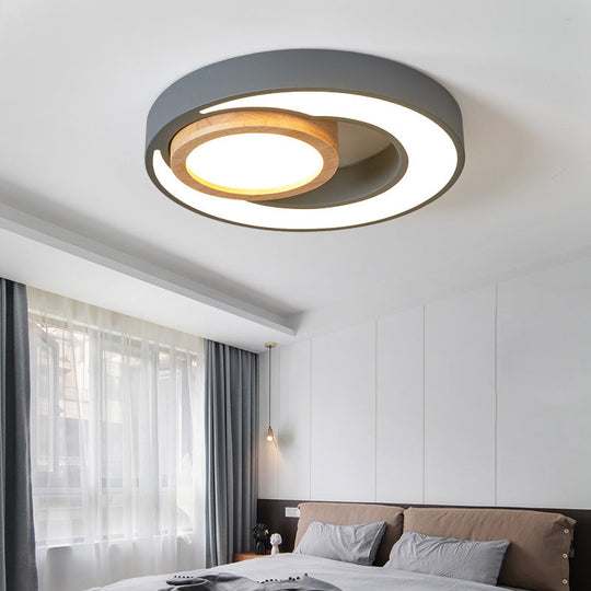Nordic Green/White/Grey-Wood Led Flush Mount Ceiling Light With Acrylic Double Circles