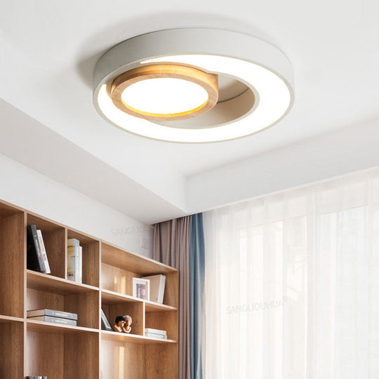 Nordic Green/White/Grey-Wood Led Flush Mount Ceiling Light With Acrylic Double Circles White