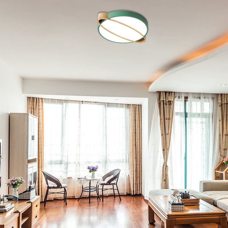 Nordic Acrylic Ceiling Mount Lamp With Led Flushmount Lighting In White/Green/Grey Oval Wood Insert