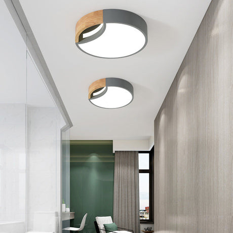 Nordic Iron Grey/White/Green Led Ceiling Light With Wood Grip - 12/16/19.5 Wide