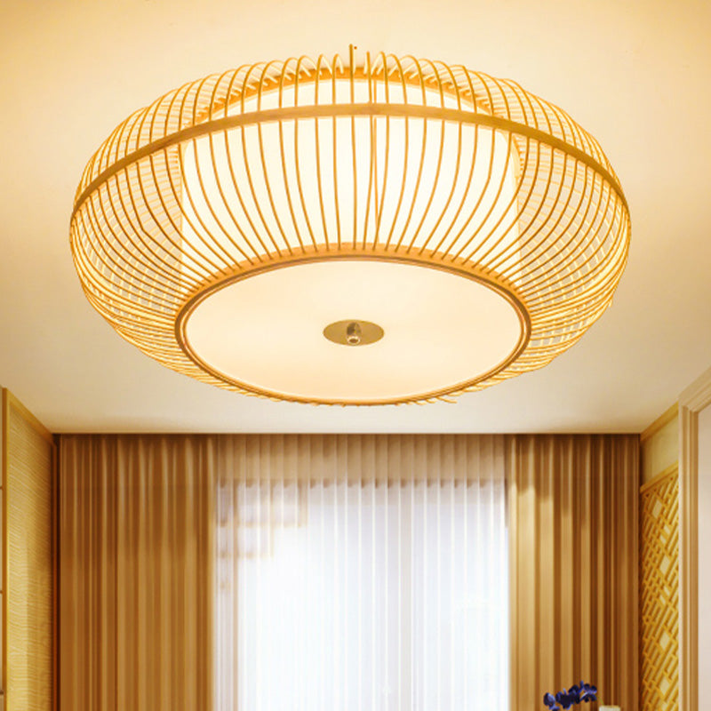 Asian Beige Ceiling Mounted Flush Light With Bamboo Shade - 1 Head Bedroom Fixture