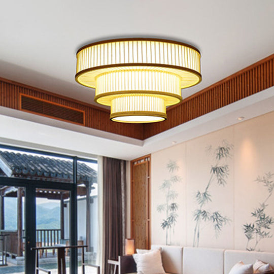 Beige Led Bamboo Ceiling Light For Bedroom - Flush Mount Fixture’ Or ’Flush Shade
