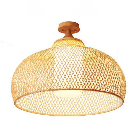 Bamboo Domed Semi Flush Light: Asian 1 - Bulb Wood Ceiling Fixture Cylinder White Shade