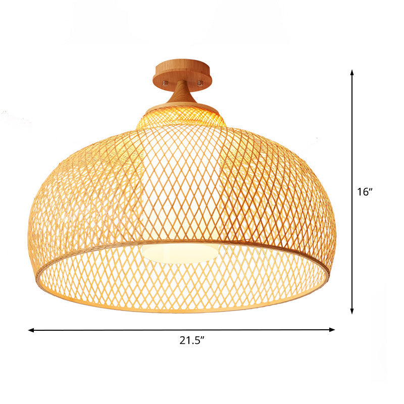 Bamboo Domed Semi Flush Light: Asian 1 - Bulb Wood Ceiling Fixture Cylinder White Shade