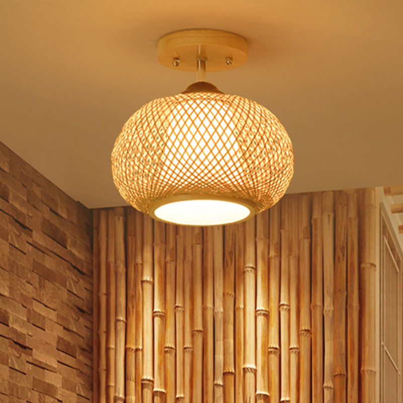 Bamboo Pumpkin Semi-Flush Mount 1-Light Flaxen Ceiling Fixture - 14’/16’ Wide