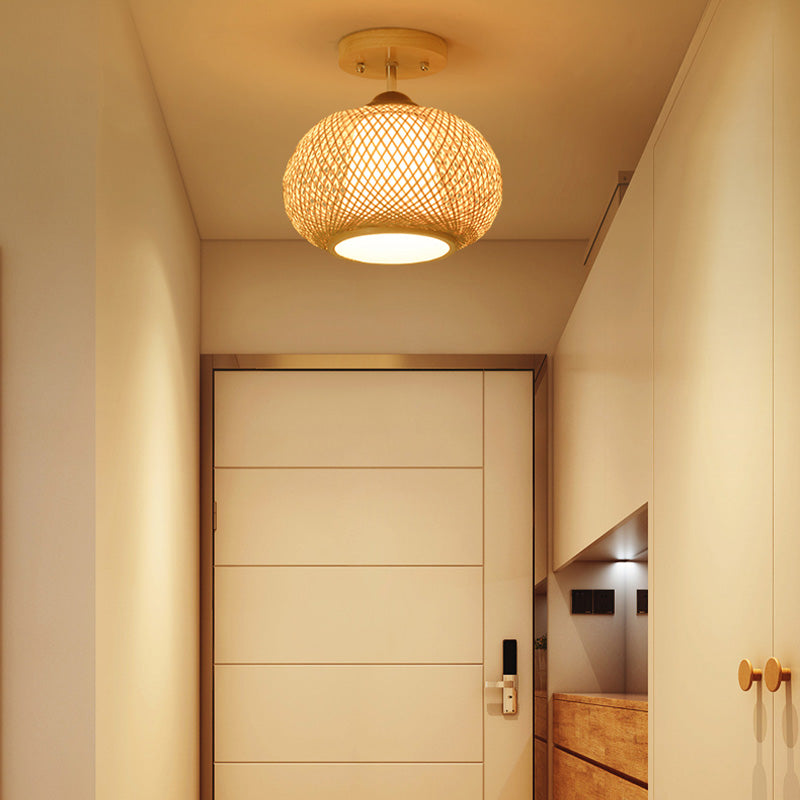 Bamboo Pumpkin Semi-Flush Mount 1-Light Flaxen Ceiling Fixture - 14’/16’ Wide
