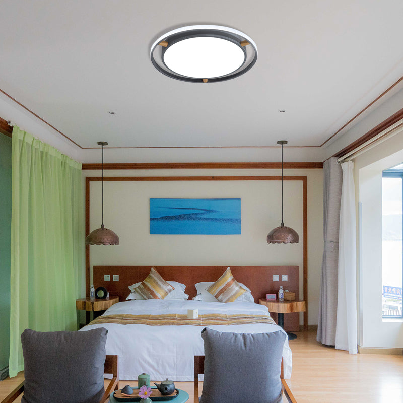 Nordic Dual Circle Led Ceiling Flush Light With Wood Arm - White/Green/Grey Thin Flushmount Lighting