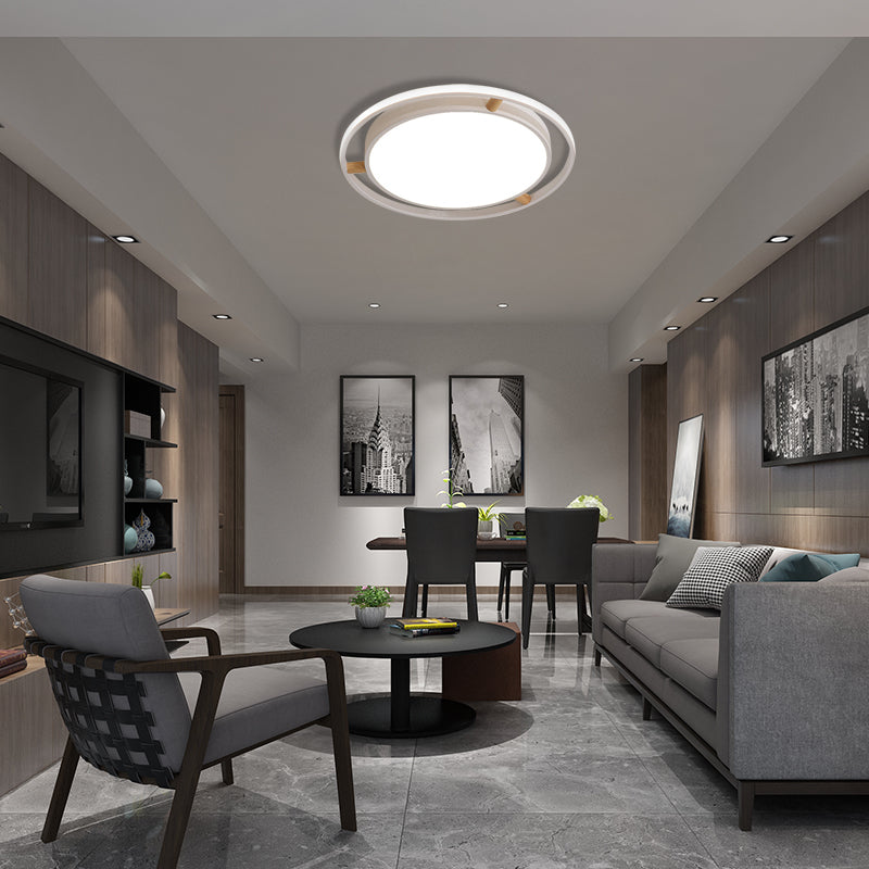Nordic Dual Circle Led Ceiling Flush Light With Wood Arm - White/Green/Grey Thin Flushmount Lighting