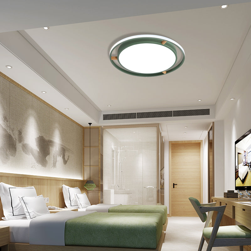 Nordic Dual Circle Led Ceiling Flush Light With Wood Arm - White/Green/Grey Thin Flushmount