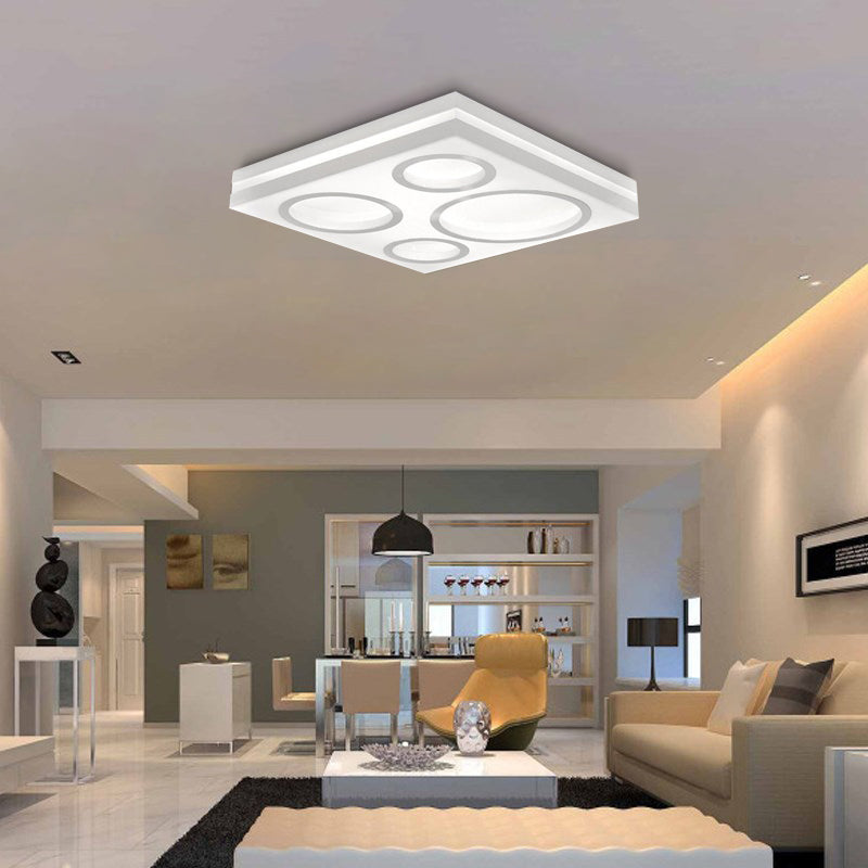 Modern Square Led Ceiling Light With Circular Pattern Acrylic White Finish - Ideal For Living Room